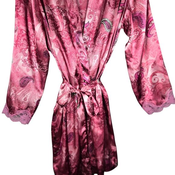 Delicates Pink Paisley Satin Robe & Chemise Set L/M Lace Trim Lingerie Romantic - Picture 10 of 11